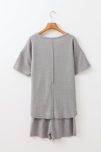 Solid Colour Waffle Knit T Shirt And Shorts Set | Gray