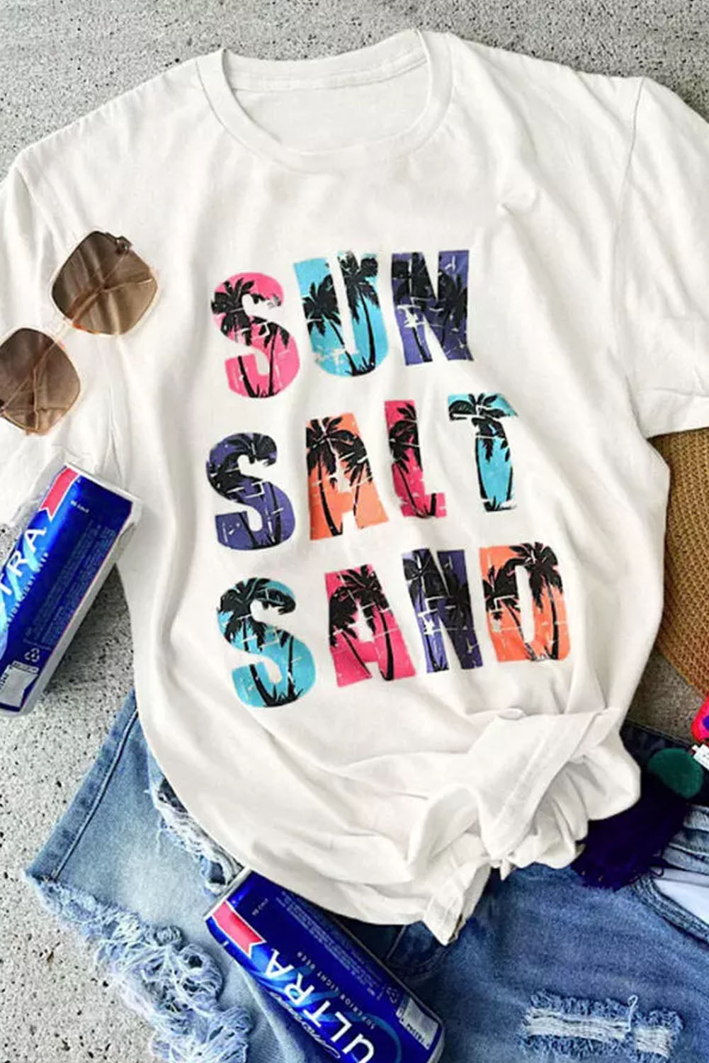 Coconut Tree Sun Salt Sand Graphic Tee | White