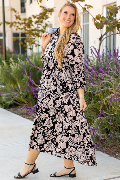 Plus Size Floral Printed Puff Sleeve Collared Maxi Dress | Black