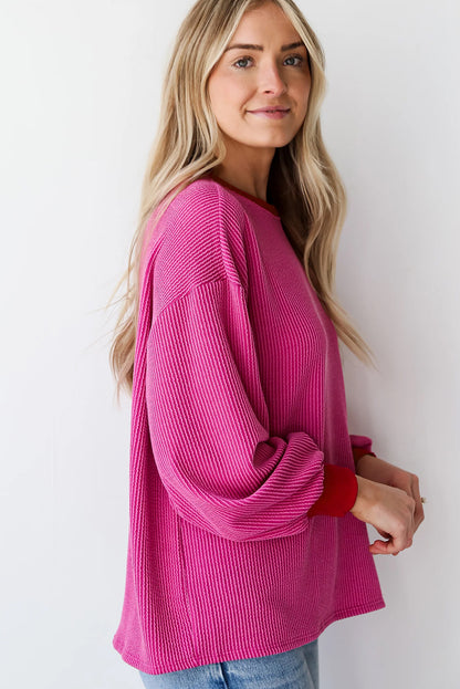 Corded Contrast Edge Drop Shoulder Long Sleeve Top | Bright Pink