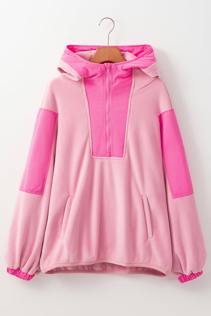 Colourblock Patchwork Half Zip Oversized Sherpa Hoodie | Pink