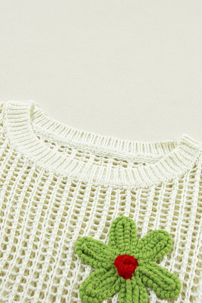 Crochet Flower Hollow-Out Sweater T Shirt | White