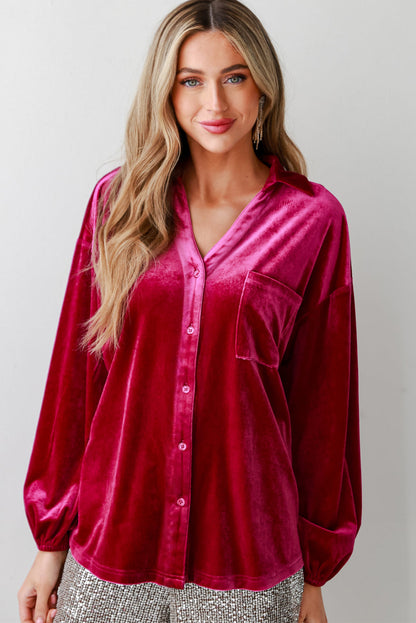 Buttoned V Neck Chest Pocket Velvet Shirt | Pitaya Pink