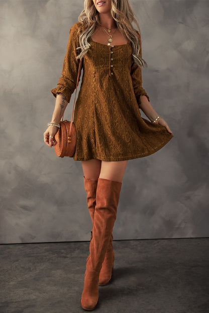 Lace Crochet Buttoned Square Neck Shift Mini Dress | Chestnut