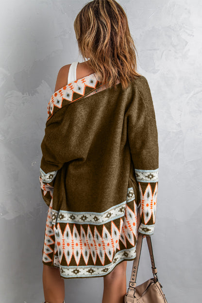 Aztec Print Open Front Knitted Cardigan | Brown