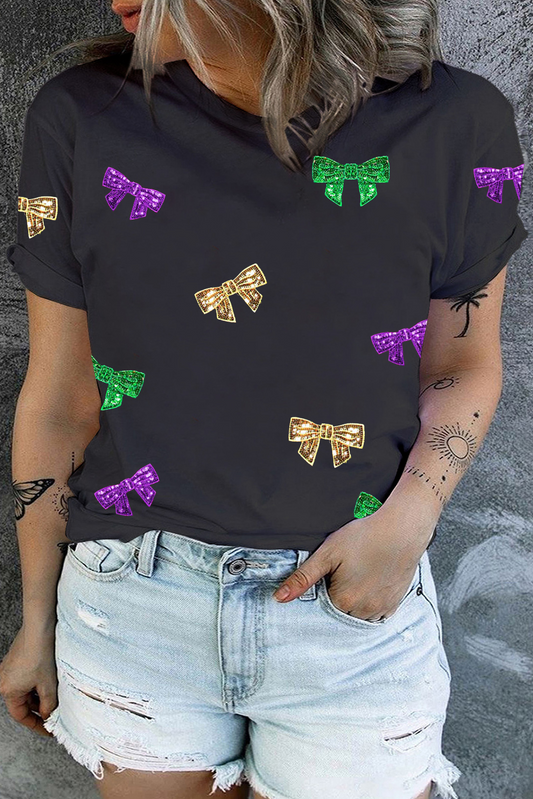 Black Plus Size Sequin Bowknot Print Mardi Gras Tee