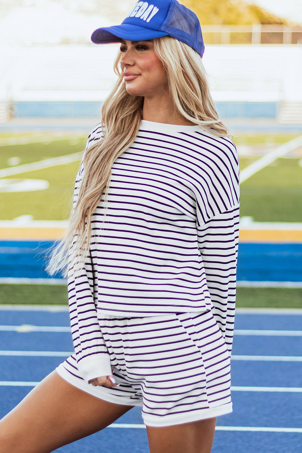 Textured 3/4 Sleeve Top And Shorts Set | Black Stripe