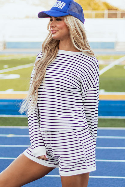 Textured 3/4 Sleeve Top And Shorts Set | Black Stripe