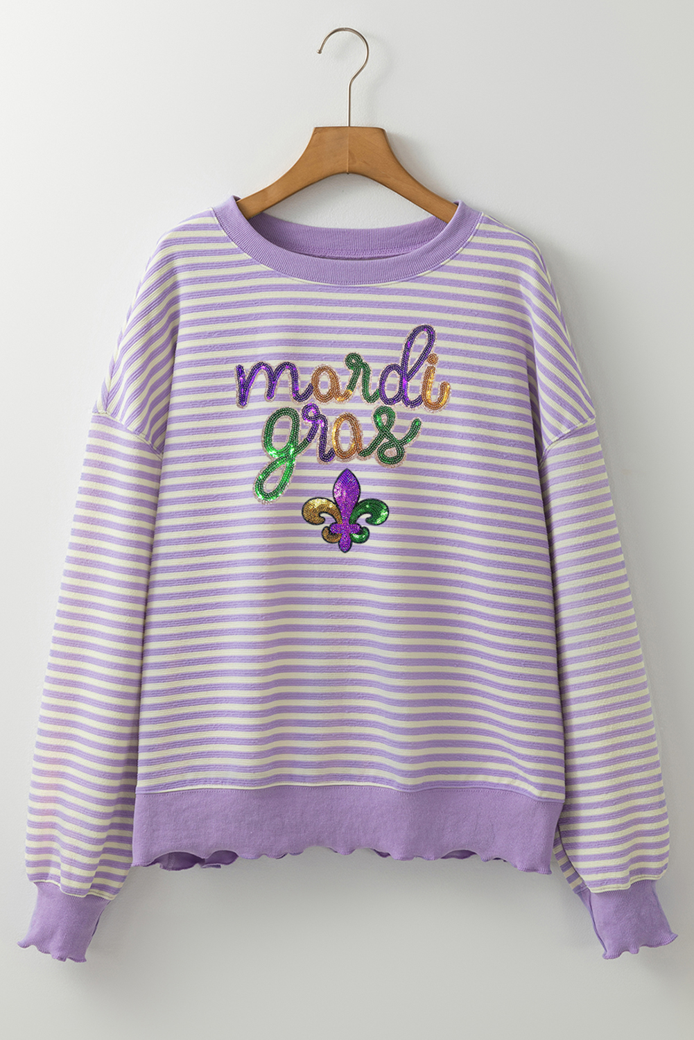 Mardi Gras Sequin Patched Graphic Drop Shoulder Top | Purple Stripe