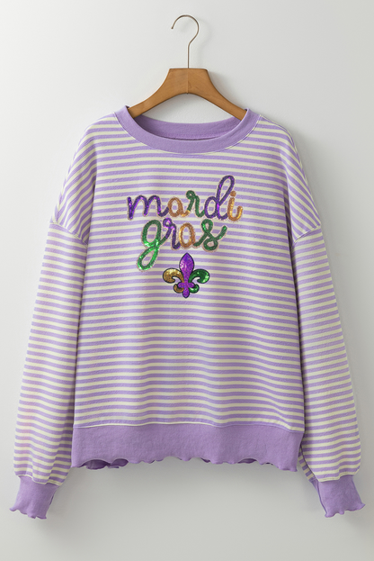 Mardi Gras Sequin Patched Graphic Drop Shoulder Top | Purple Stripe