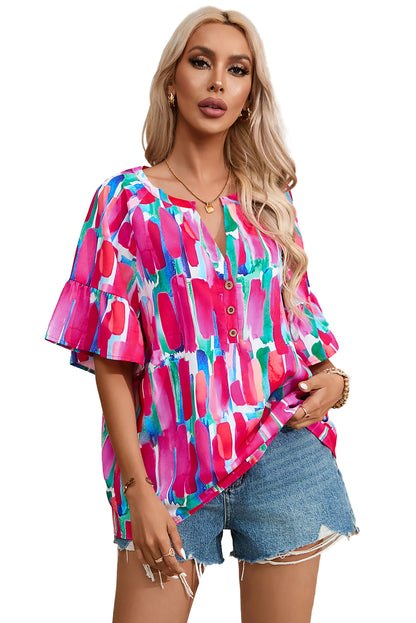 Abstract Brushwork Print Buttoned V Neck Blouse | Rose