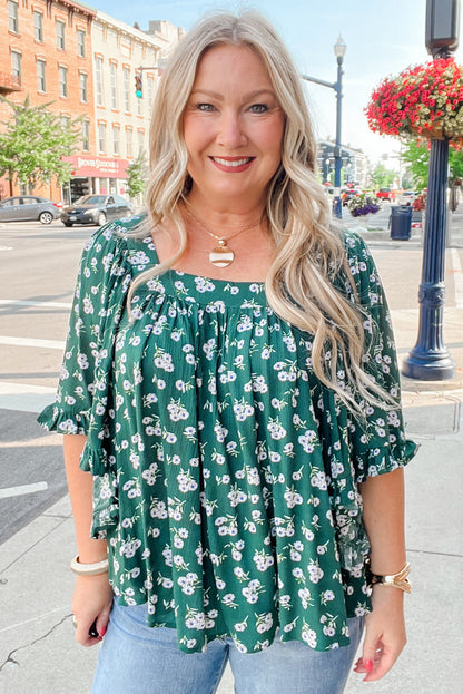 Floral Print Square Neck Ruffled Trim Plus Size Blouse | Green