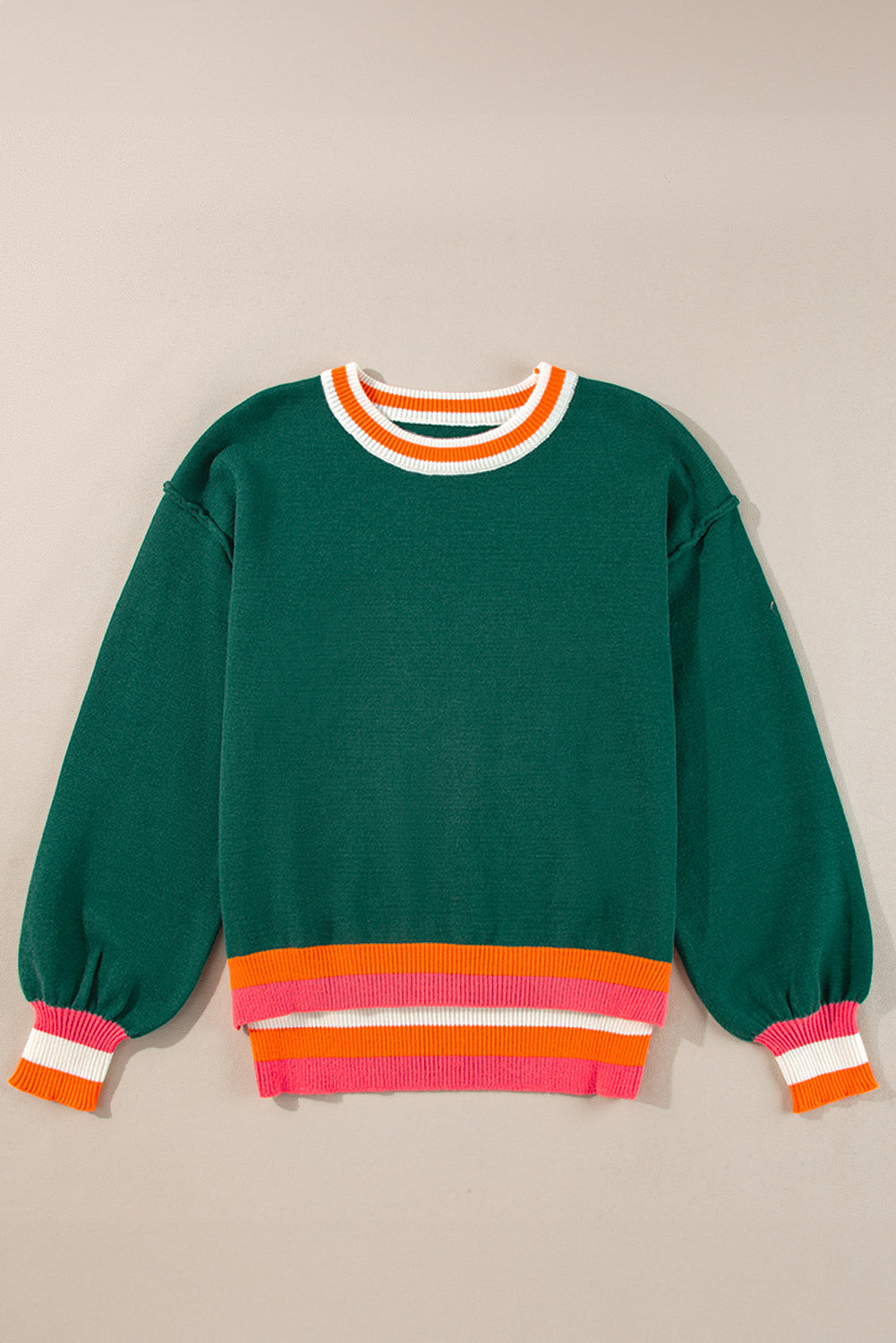 Colourblock Striped Trim Drop Shoulder Sweater | Blackish Green