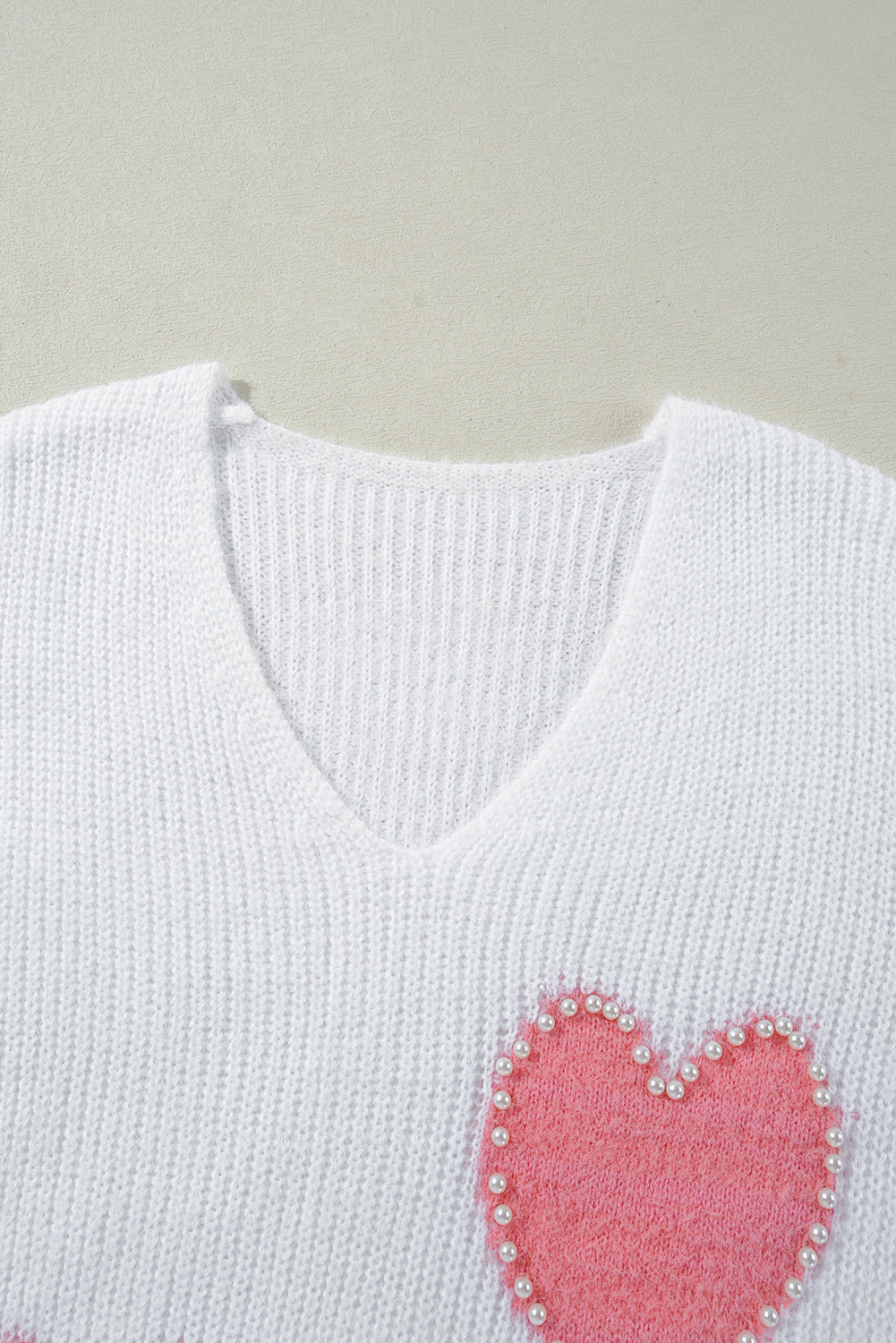 Pearl Beaded Heart Pattern Fuzzy V Neck Sweater | White