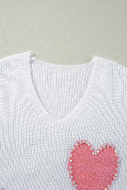 Pearl Beaded Heart Pattern Fuzzy V Neck Sweater | White