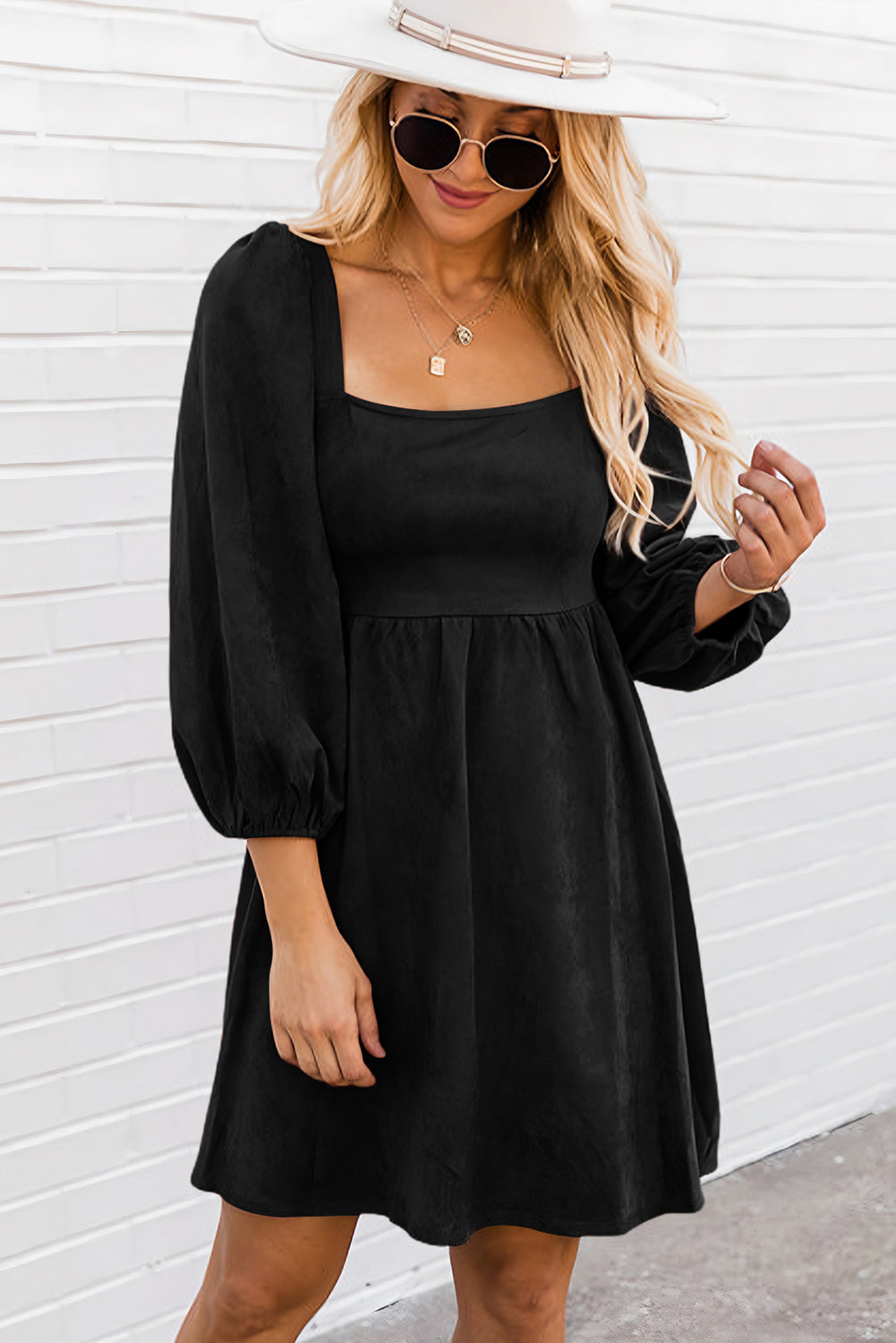 Suede Square Neck Puff Sleeve Dress | Black