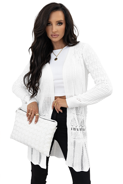 Crochet Hollow Out Open Front Cardigan | White