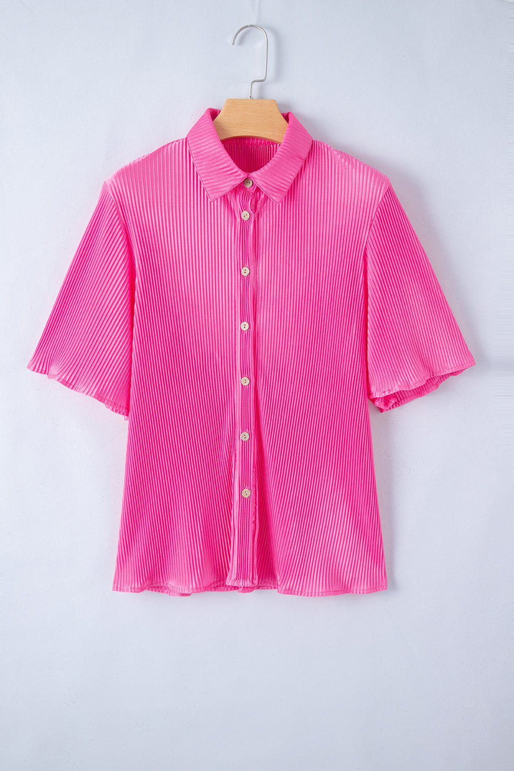 Satin Pleated Short Sleeve Shirt | Bright Pink