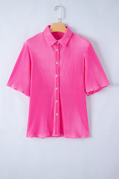 Satin Pleated Short Sleeve Shirt | Bright Pink