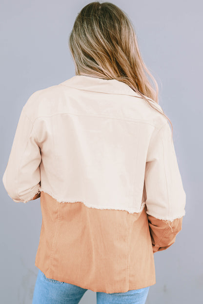 Two Toned Colourblock Cord Chambray Flap Pockets Jacket | Khaki