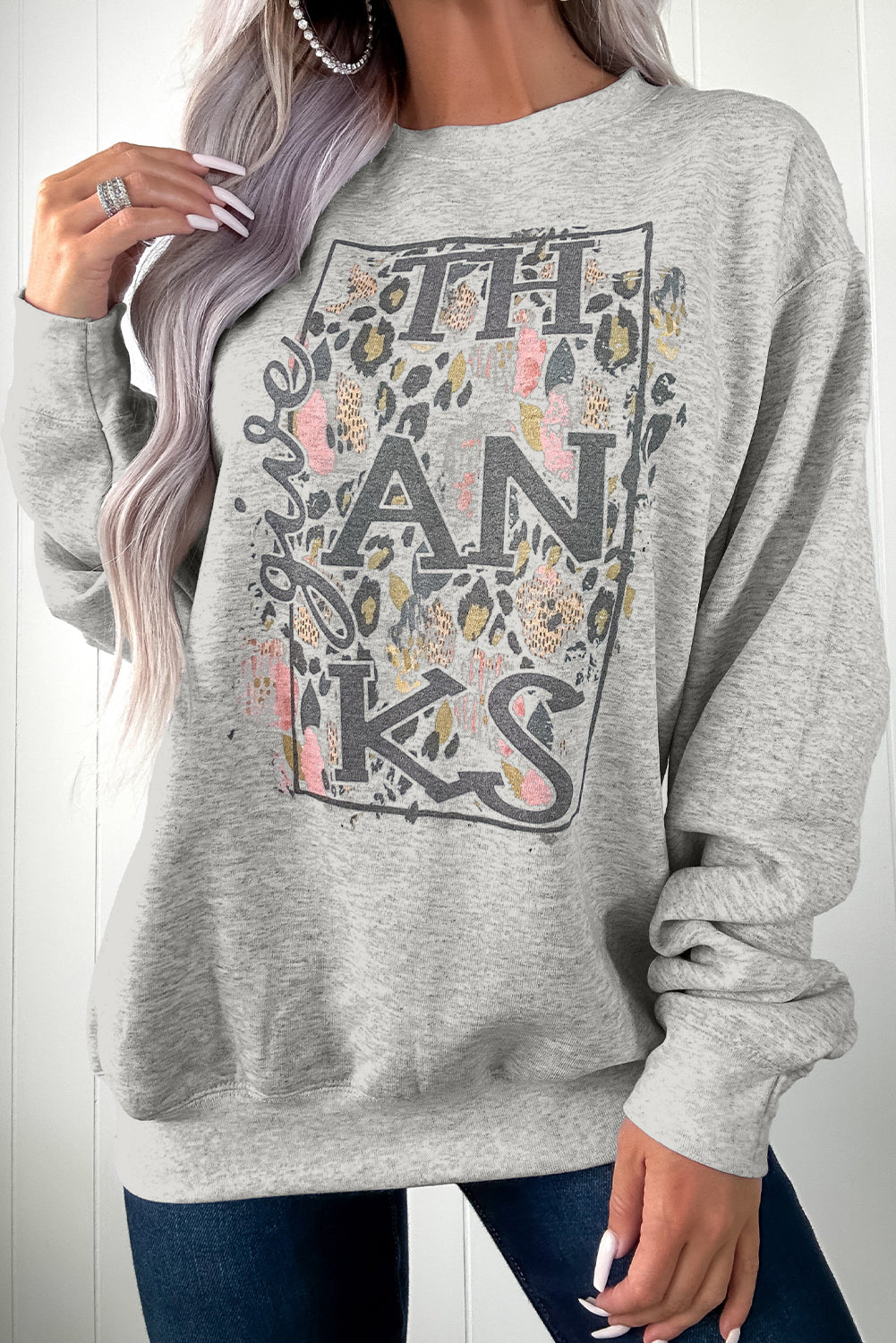 Gray give THANKS Leopard Graphic Drop Shoulder Sweatshirt