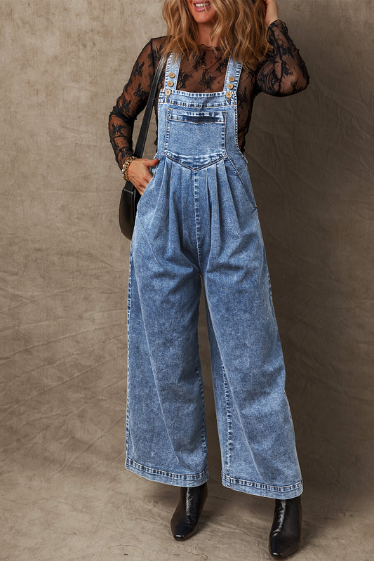 Mineral Wash Buttoned Straps Wide Leg Denim Overalls | Light Blue