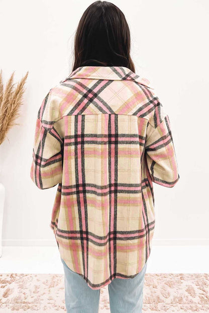 Plaid Button Front Chest Pocket Shacket | Pink