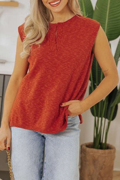 Solid Colour Split V Neck Short Sleeve Sweater | Orange