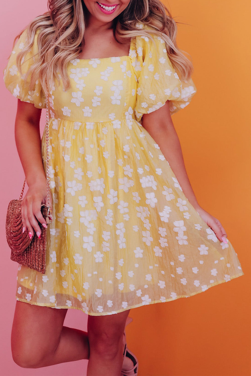 Boho Flower Jacquard Puff Sleeve Square Neck Mini Dress | Yellow