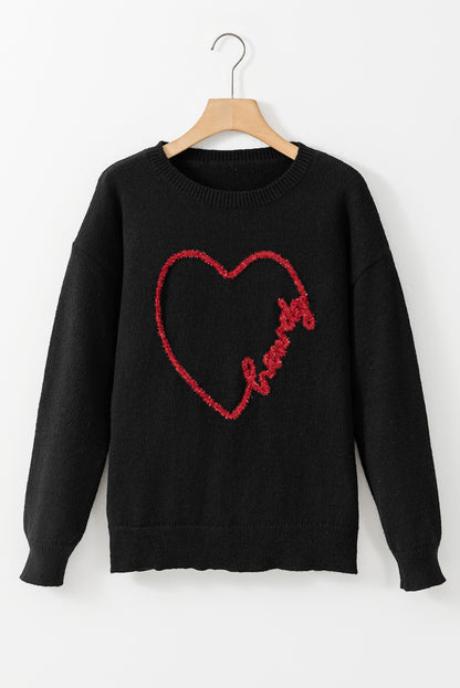 Howdy Heart Graphic Round Neck Casual Sweater | Black