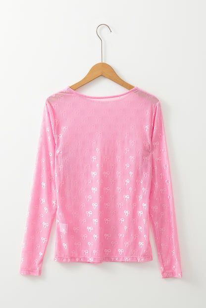 Mesh Bow Pattern Long Sleeve Top | Pink