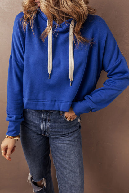 Solid Drop Shoulder Drawstring Cropped Hoodie | Dark Blue