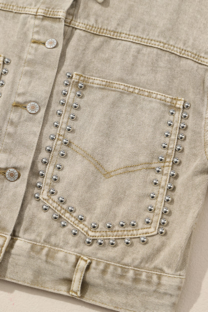 Light French Beige Rivet Studded Pocketed Denim Jacket | Flaxen