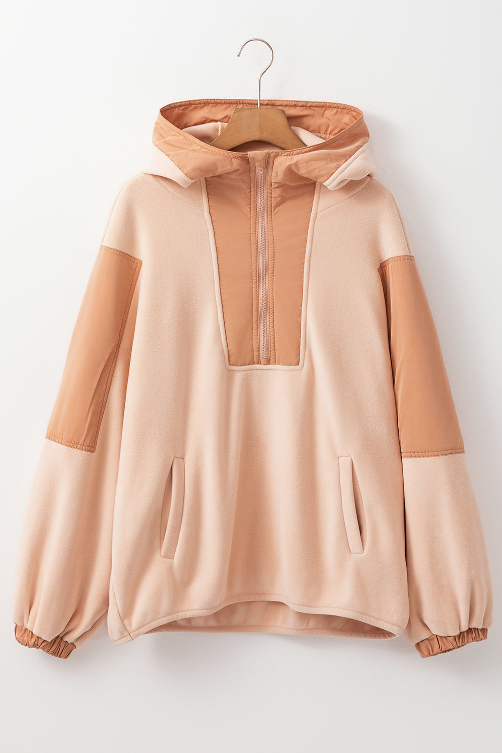 Colourblock Patchwork Half Zip Oversized Sherpa Hoodie | Light French Beige