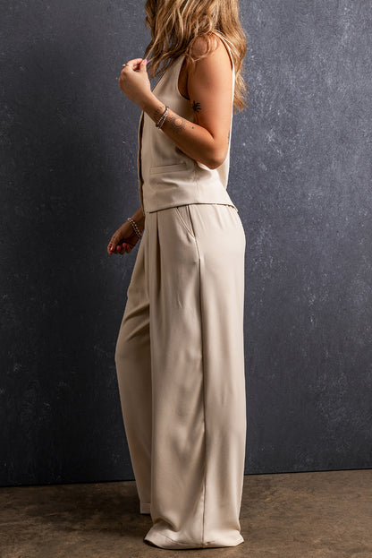 Elastic Waist Pleated Wide Leg Pants | Apricot