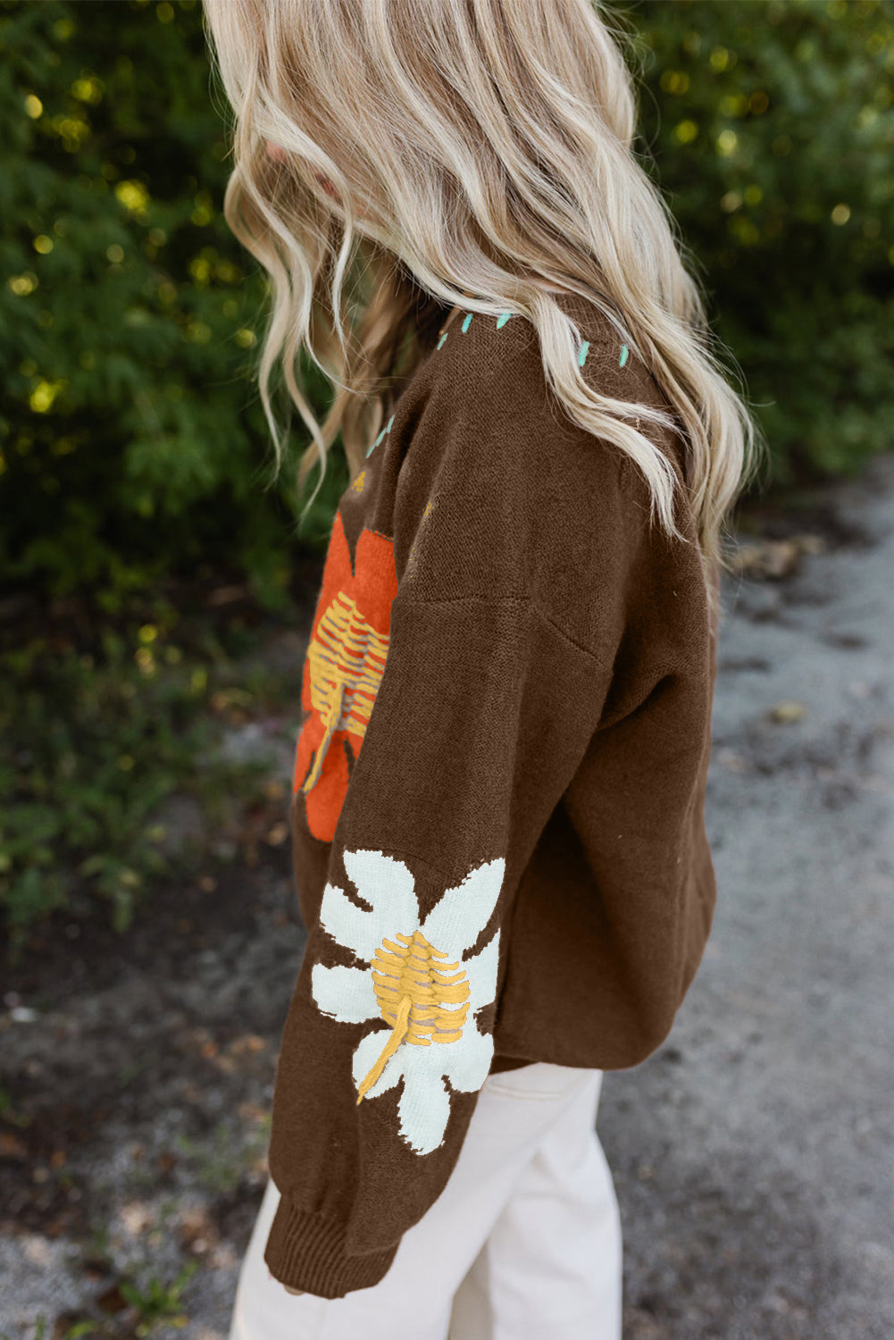 Big Flower Pattern V Neck Drop Shoulder Sweater | Coffee