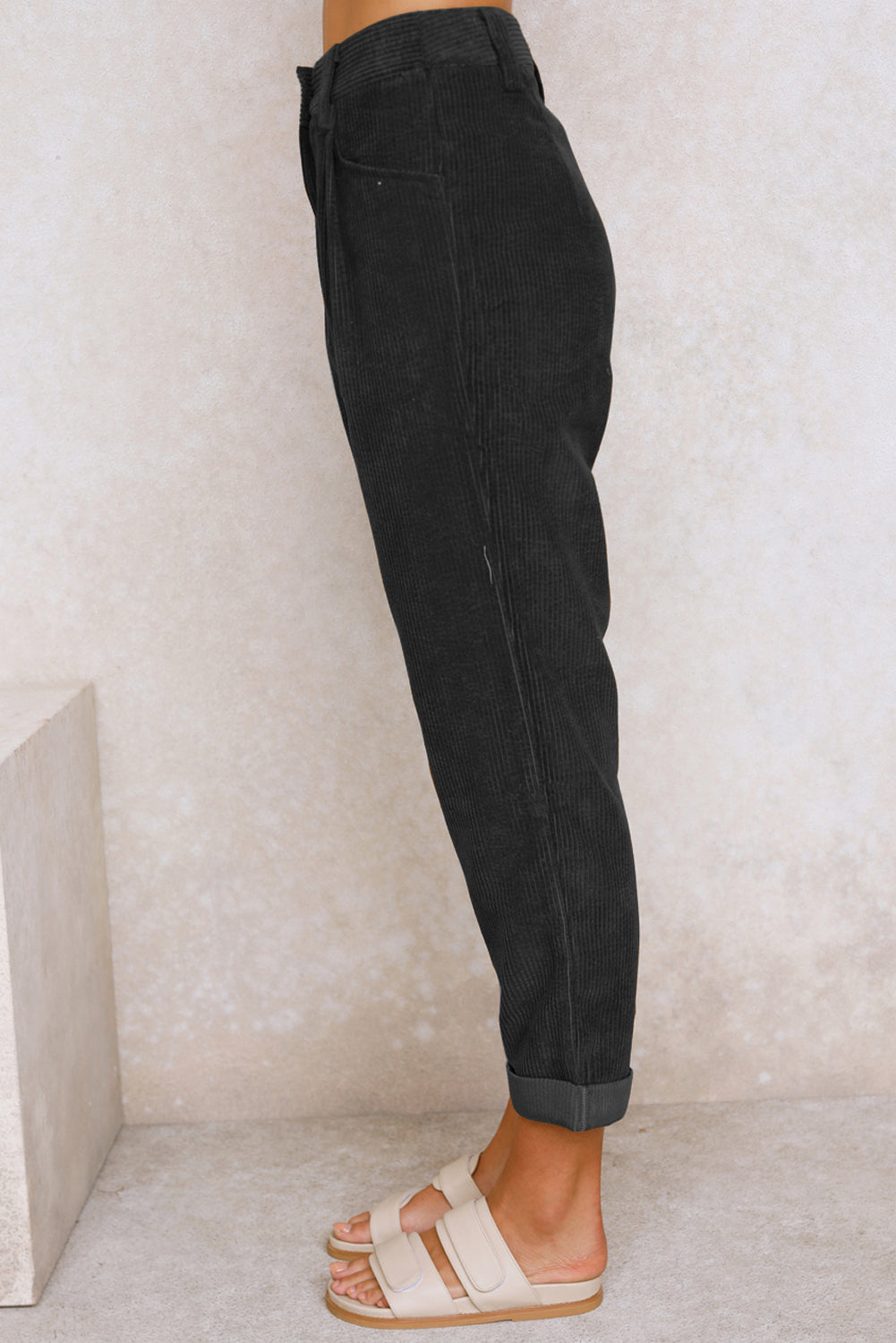 Corduroy High Waist Straight Leg Pants | Black