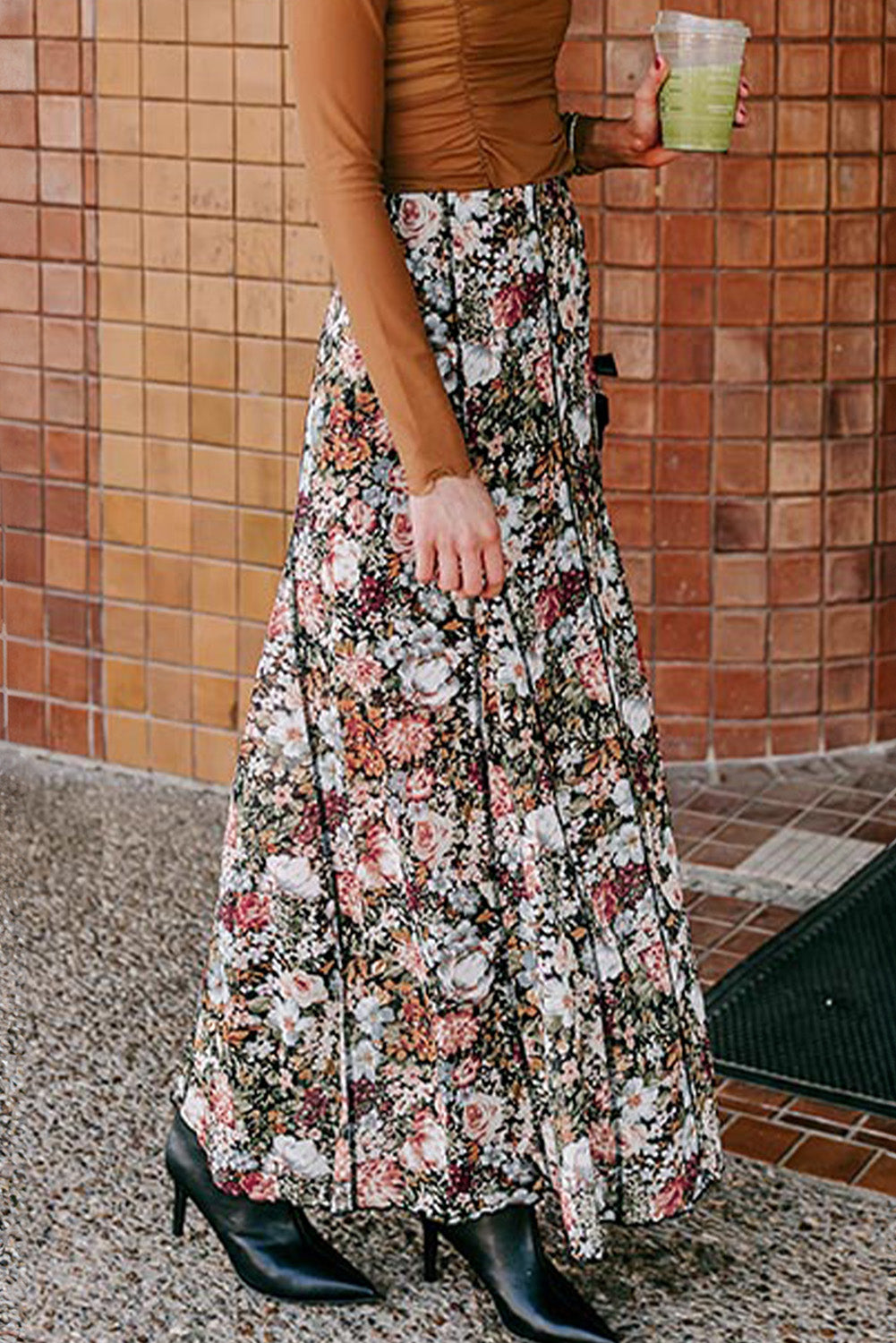 Floral Print High Waist Maxi Skirt | Brown