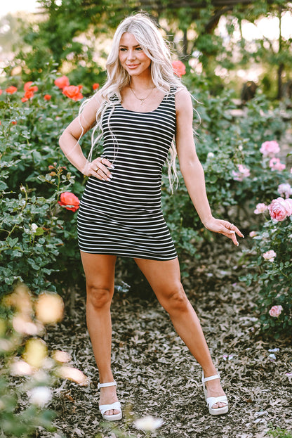 Ribbed Knit Sleeveless Mini Dress | Black Stripe