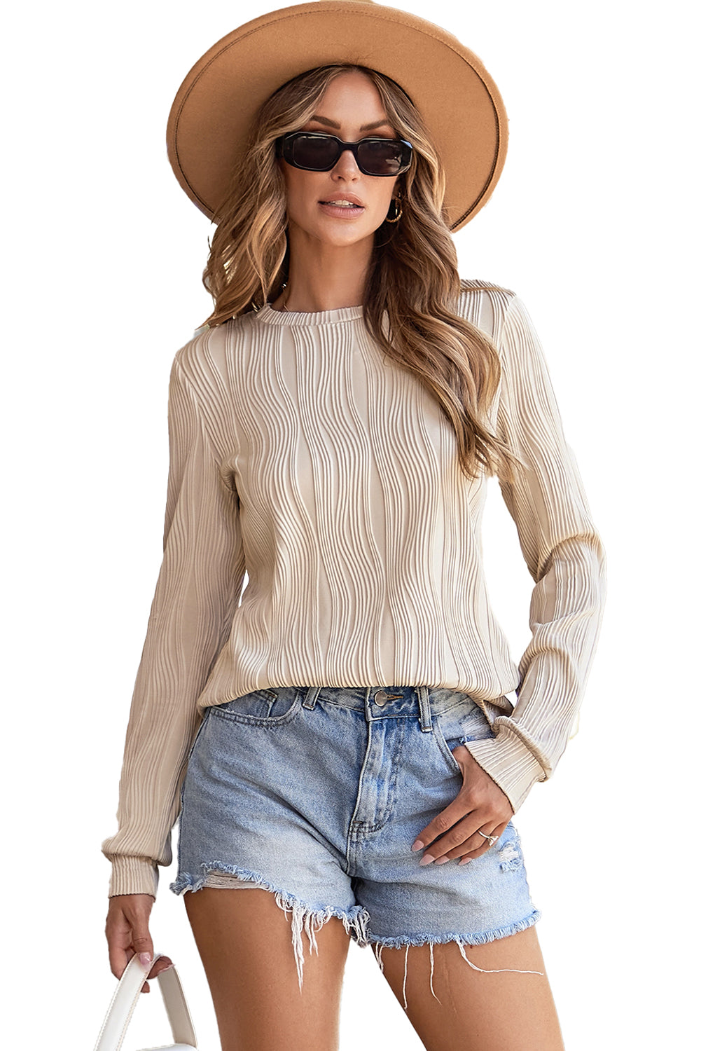 Textured Wavy Round Neck Long Sleeve Top | Apricot