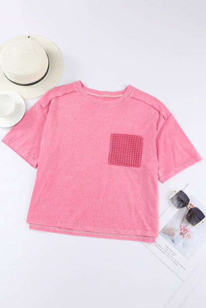 Acid Wash Lace Patch Pocket T-Shirt | Pink