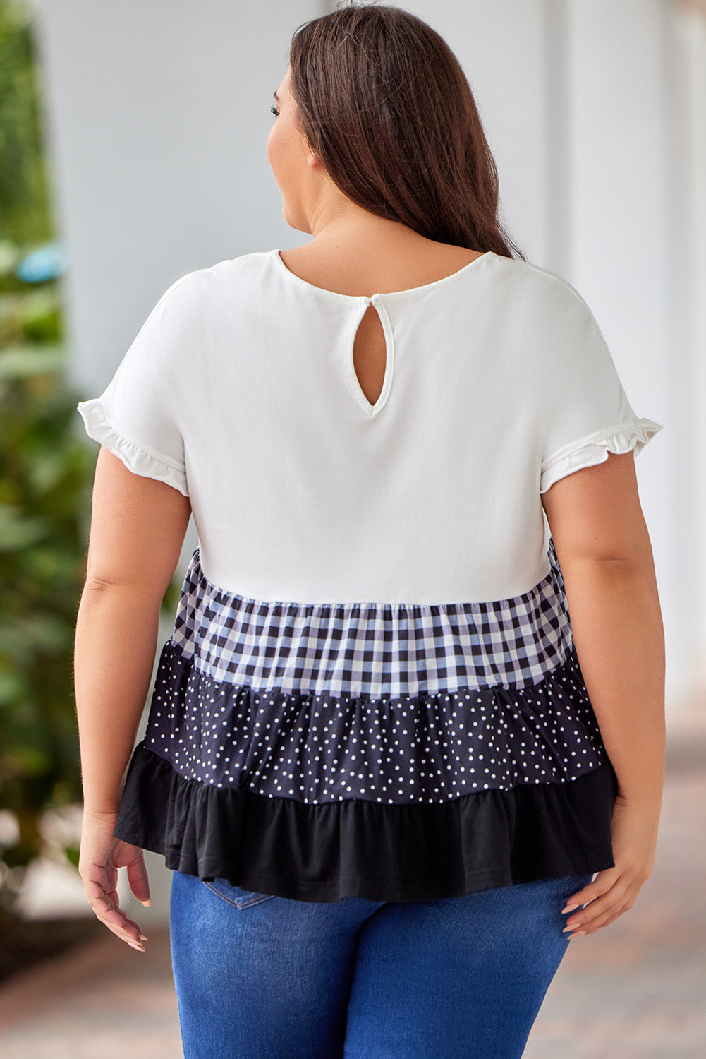 Plaid Dot Ruffled Plus Size Babydoll Top | White