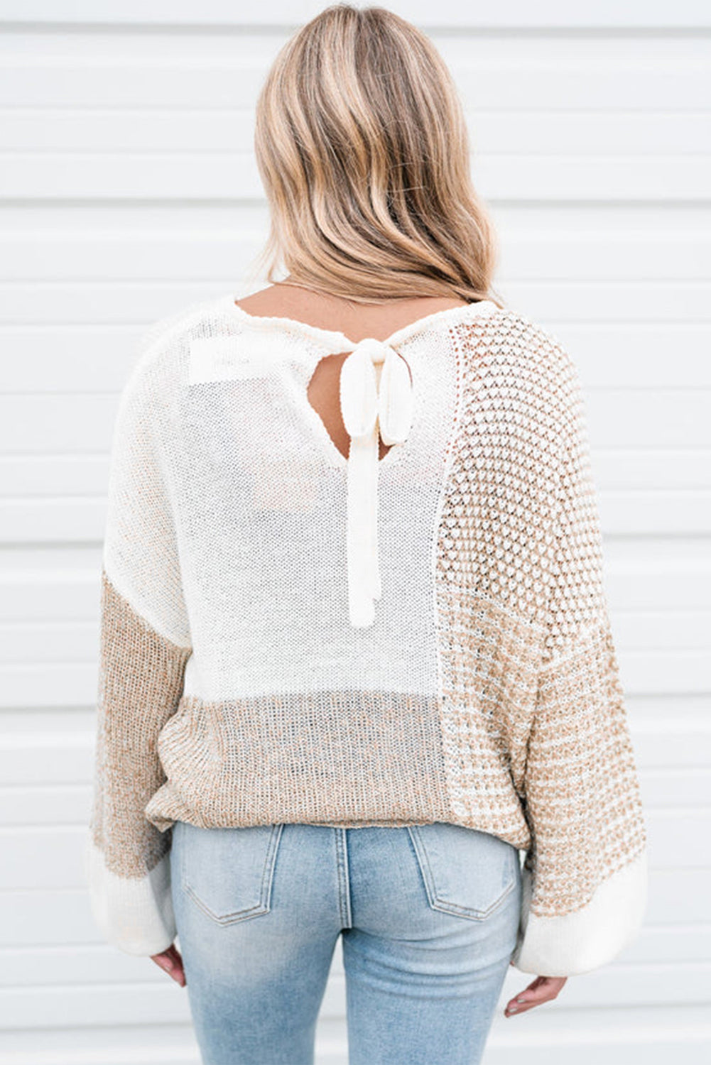 Mixed Pattern Knit Tie Keyhole Drop Shoulder Sweater | Oatmeal