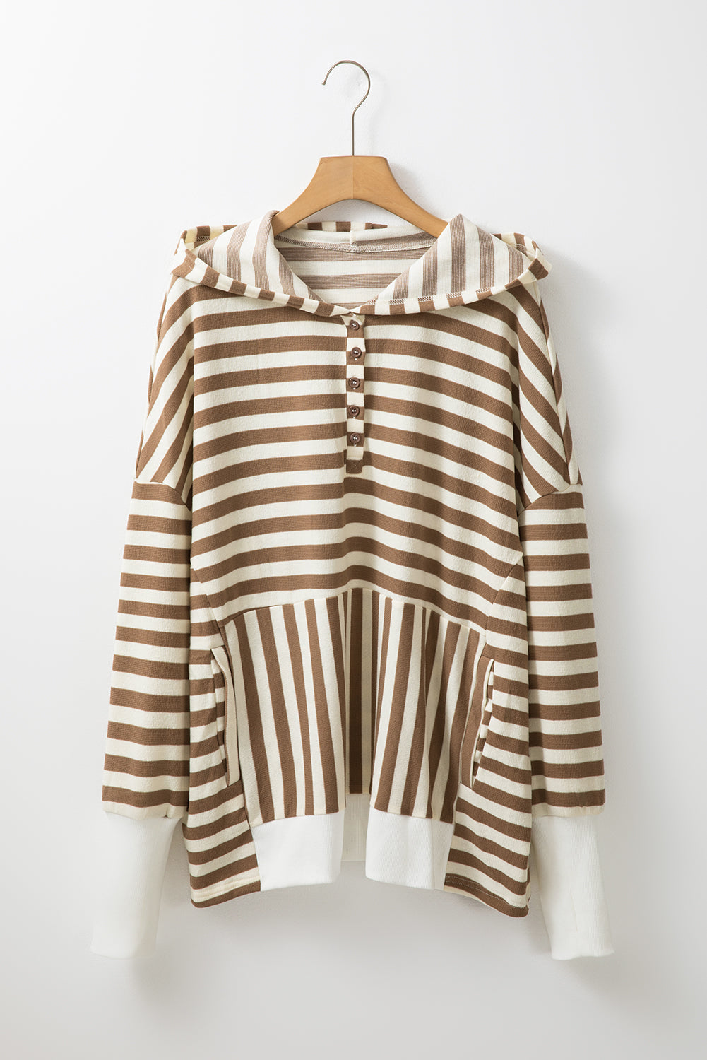 Quarter Buttons Drop Sleeve Plus Size Hoodie | Brown Stripe