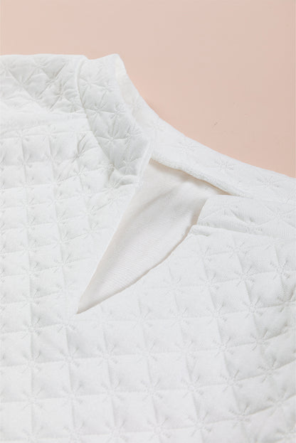 Split Neck Quilted Long Sleeve Top | White