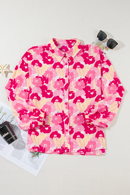 Blooming Floral Print Puff Sleeve Buttoned Shirt | Pink