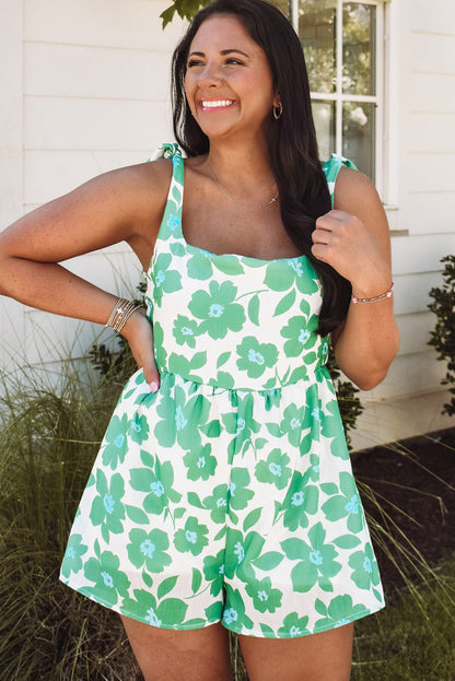 Flower Print Knotted Straps Square Neck Romper | Green