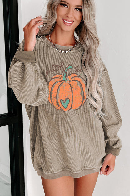 Give Thanks Pumpkin Graphic Corded Sweatshirt | Khaki