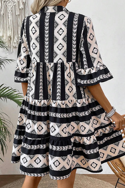 Geometric Print V Neck Ruffled Dress | Black