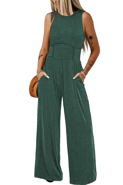 Cinched Waist Sleeveless Wide Leg Jumpsuit | Blackish Green